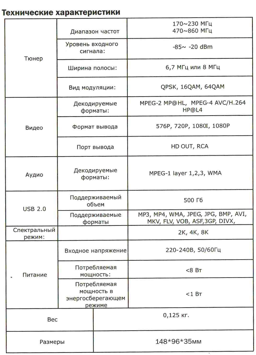 технические характеристики Цифрового ресивера DVB-T2 ЭФИР HD-600RU